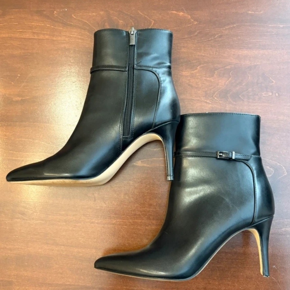 Calvin Klein Black Leather Pointed-Toe Stiletto Ankle Boots